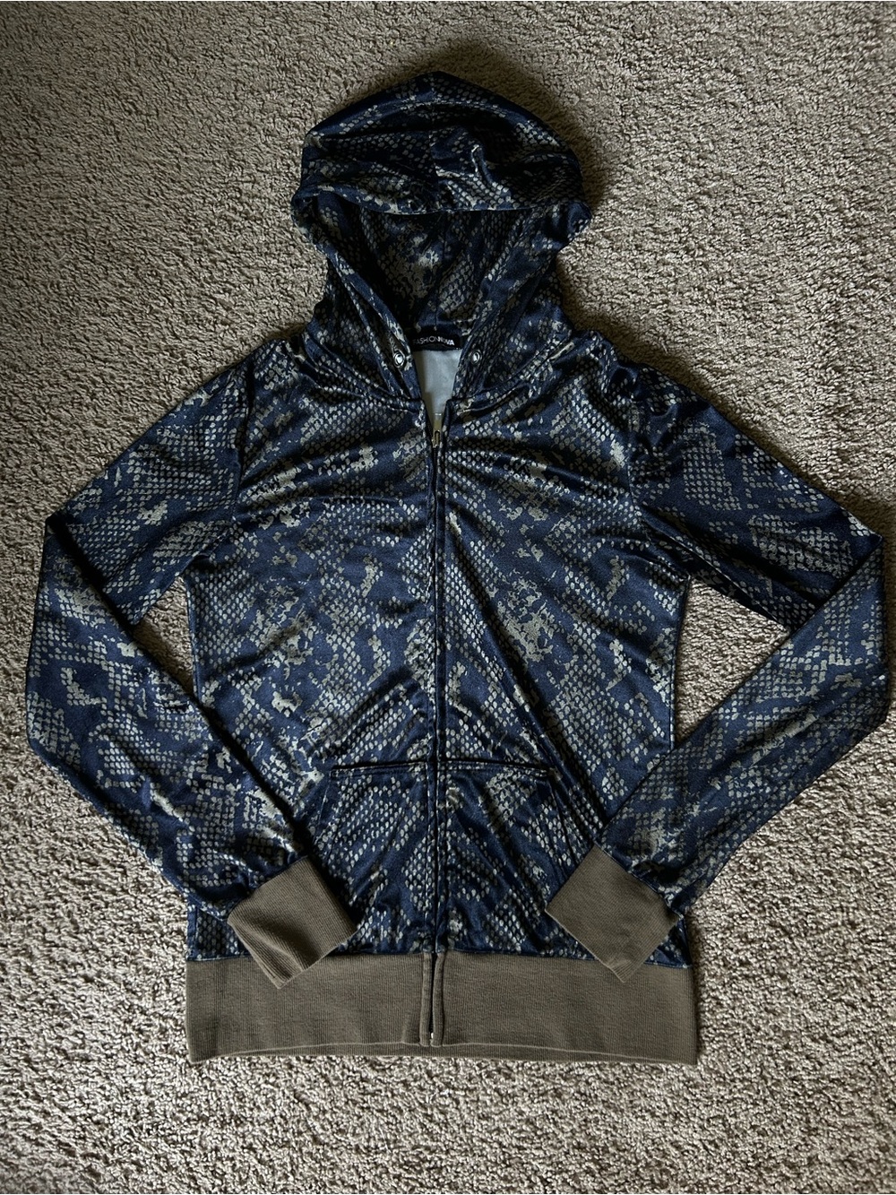 Fashion Nova Navy Snake-Print Zip Hoodie with Olive Accents